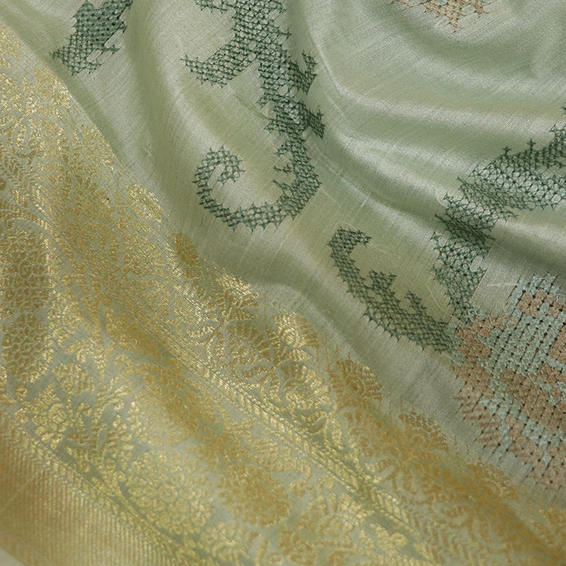 Sea Green Geometrical-Embroidery Pure Chinya Silk Saree