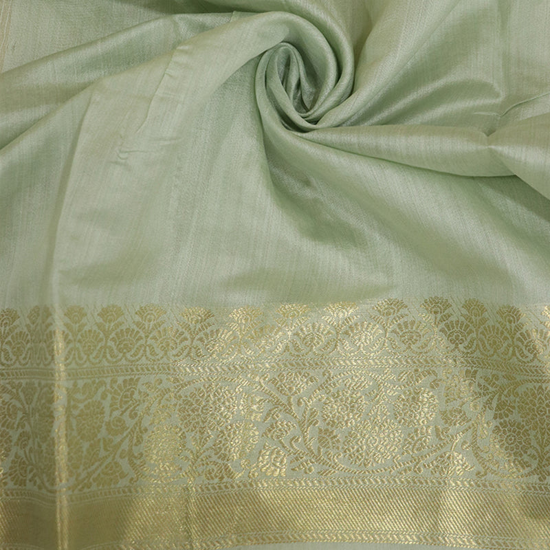 Sea Green Geometrical-Embroidery Pure Chinya Silk Saree