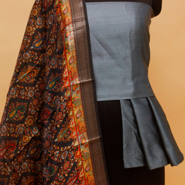 Grey Color Silk Suit Pashmina Dupatta