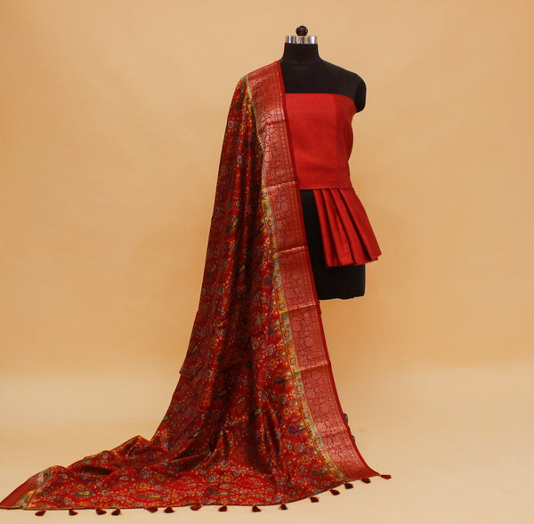 Dark Rad Color Silk Suit Pashmina Dupatta