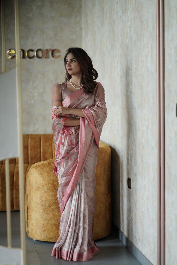 Pre-Order Pink Color Pure Tissue silk with Satin Border Saree